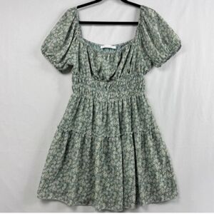 NWT Altr'd State Seafoam Green Tiny Flowers Smock Waist Mini Dress M